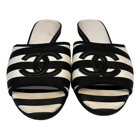 CHANEL | Shoes | Chanel Cc Logo Striped Flat Sandals | Poshmark